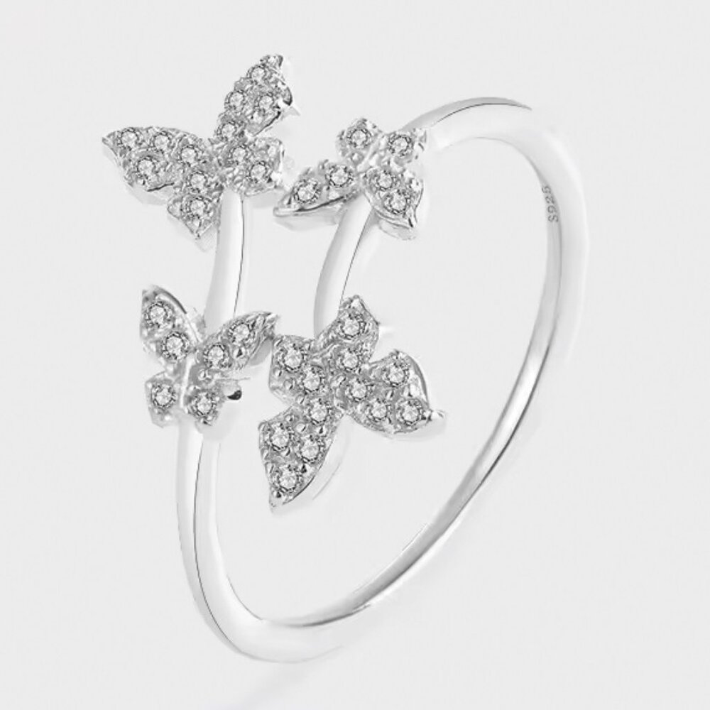 Four  Butterflies adjustable open ring 925 Sterling Silver
